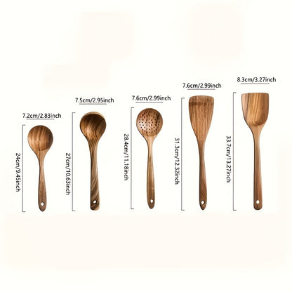 Wooden Kitchen Utensils Set – Natural Wood Spoon Spatula & Wok Spatula with Ergonomic Handle, Heat-Resistant Non-Stick Safe Cooking Tools, Easy to Clean Durable Kitchen Essentials (5 / 6 / 10 Piece Sets)