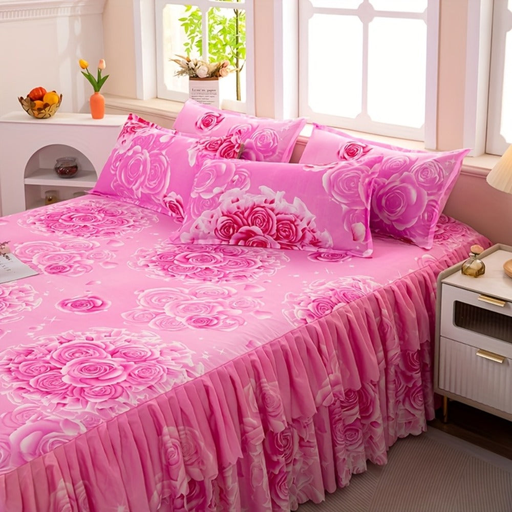 Floral Bed Skirt Set 3-Piece – 1 Ruffled Dust Ruffle Bed Skirt + 2 Pillowcases | Peony & Botanical Print | Double-Layer Hem | Machine Washable Polyester Bedding | 150, 180 & 200cm