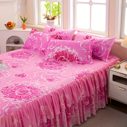 Floral Bed Skirt Set 3-Piece – 1 Ruffled Dust Ruffle Bed Skirt + 2 Pillowcases | Peony & Botanical Print | Double-Layer Hem | Machine Washable Polyester Bedding | 150, 180 & 200cm