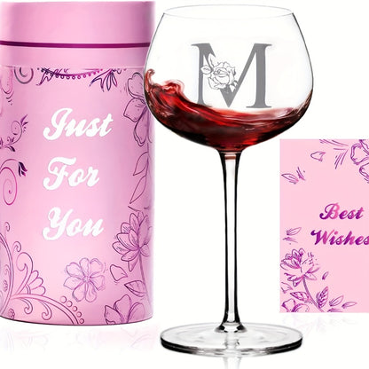 Personalized Wine Glass Gift for Women – A-Z Initial Letter Monogrammed Wine Glass with Gift Box & Greeting Card – Unique Birthday, Christmas & Mother's Day Gift for Mom, Best Friend & Sister