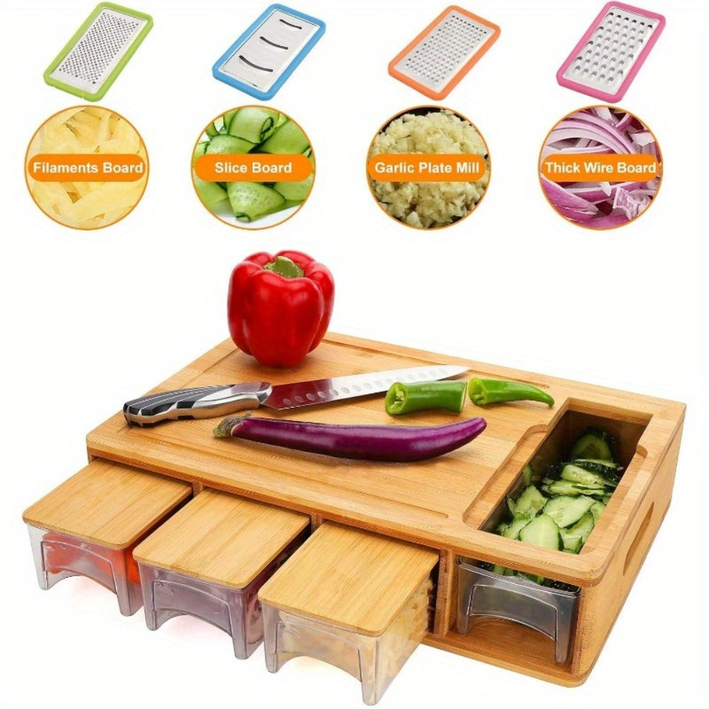 Bamboo Cutting Board with Trays & Drawers – Large Butcher Block Chopping Board with Food Sliding Opening, Stackable Airtight Storage Trays & Bamboo Lids – Kitchen Carving Board Gift for Home Cooks
