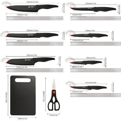 Kitchen Knife Set 15 Piece Professional Chef Knife Set with Wooden Block Non-Slip ABS Handle Cutting Board Kitchen Shears Black Coded Knives for Home Restaurant
