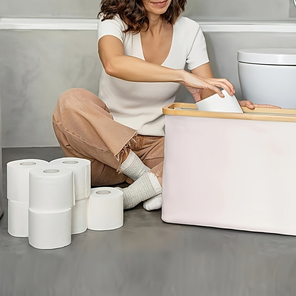 Toilet Paper Storage Basket with Bamboo Lid – Large Capacity Holds 9-12 Rolls | 600D Oxford Cloth Dustproof Bathroom Organizer | Modern Farmhouse Tissue Roll Holder for Bathroom