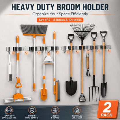 Wall Mounted Broom & Mop Holder – 304 Stainless Steel Broom Organizer with 4 Racks & 5 Hooks – Rustproof Non-Slip Wall Broom Hanger for Kitchen, Garage, Bathroom, Laundry & Closet Storage – 2 Pack