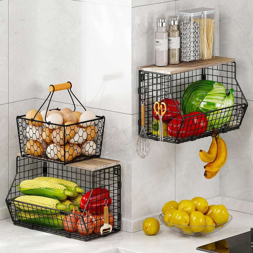Stackable Metal Wire Fruit Basket with Lid – 1 or 2-Tier Hanging Kitchen Pantry Storage Bin, Wall-Mounted or Countertop Vegetable Organizer for Potato, Onion & Produce, Black
