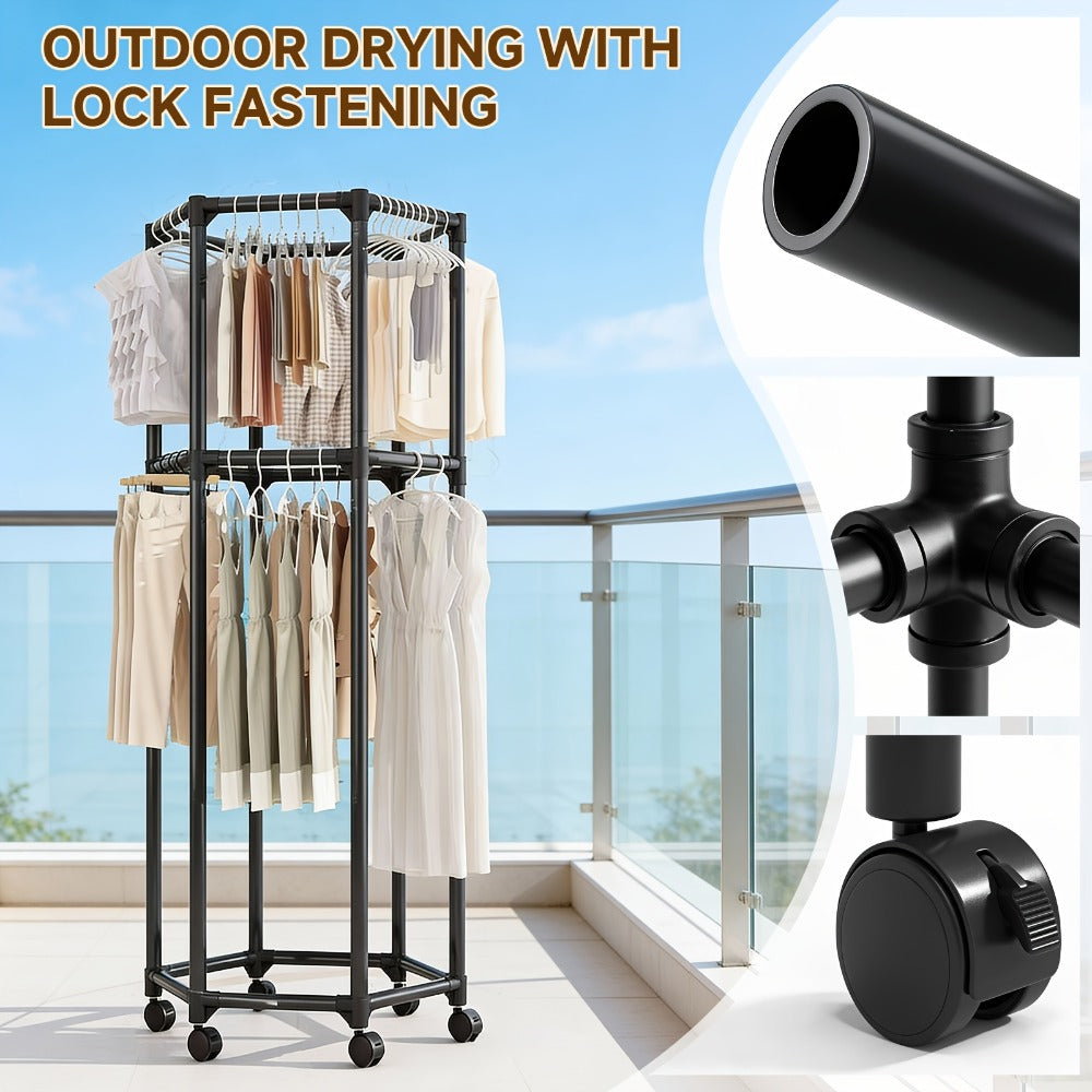 Rolling Hexagon Clothes Drying Rack 1 or 2 Layer – Sturdy Metal Floor Stand with Wheels, Multi-Bar & 10 Clips, Portable Laundry Rack for Bedroom, Balcony & Dorm