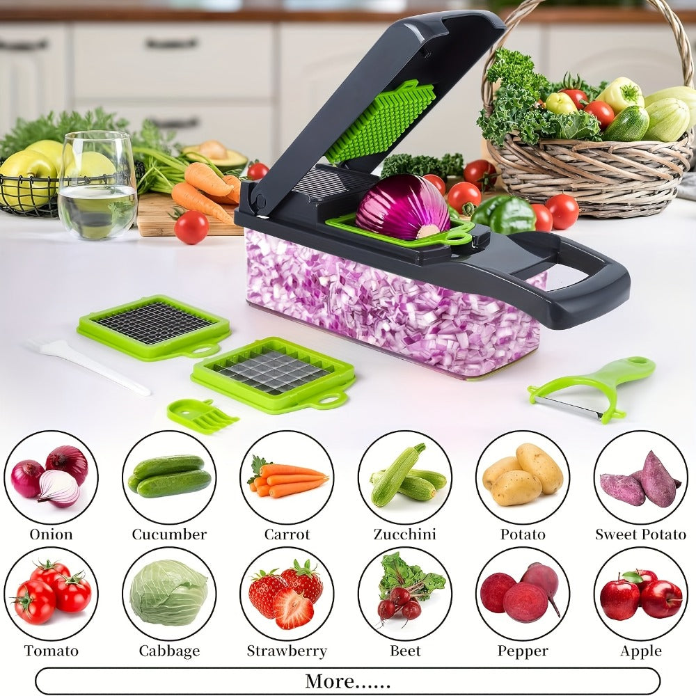 Vegetable Chopper 16-in-1 Multifunctional Food Chopper Slicer & Dicer – Manual Kitchen Chopper with 8 Interchangeable Blades & Container for Fruits, Vegetables & Onions – 1-10L Capacity