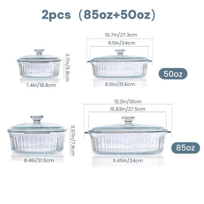 Glass Casserole Dish with Lid, Oval Ribbed Roasting Pan, Oven & Microwave Safe Covered Baking Dish, Transparent Deep Glass Cookware for Chicken Pasta Desserts, 50oz & 85oz Options