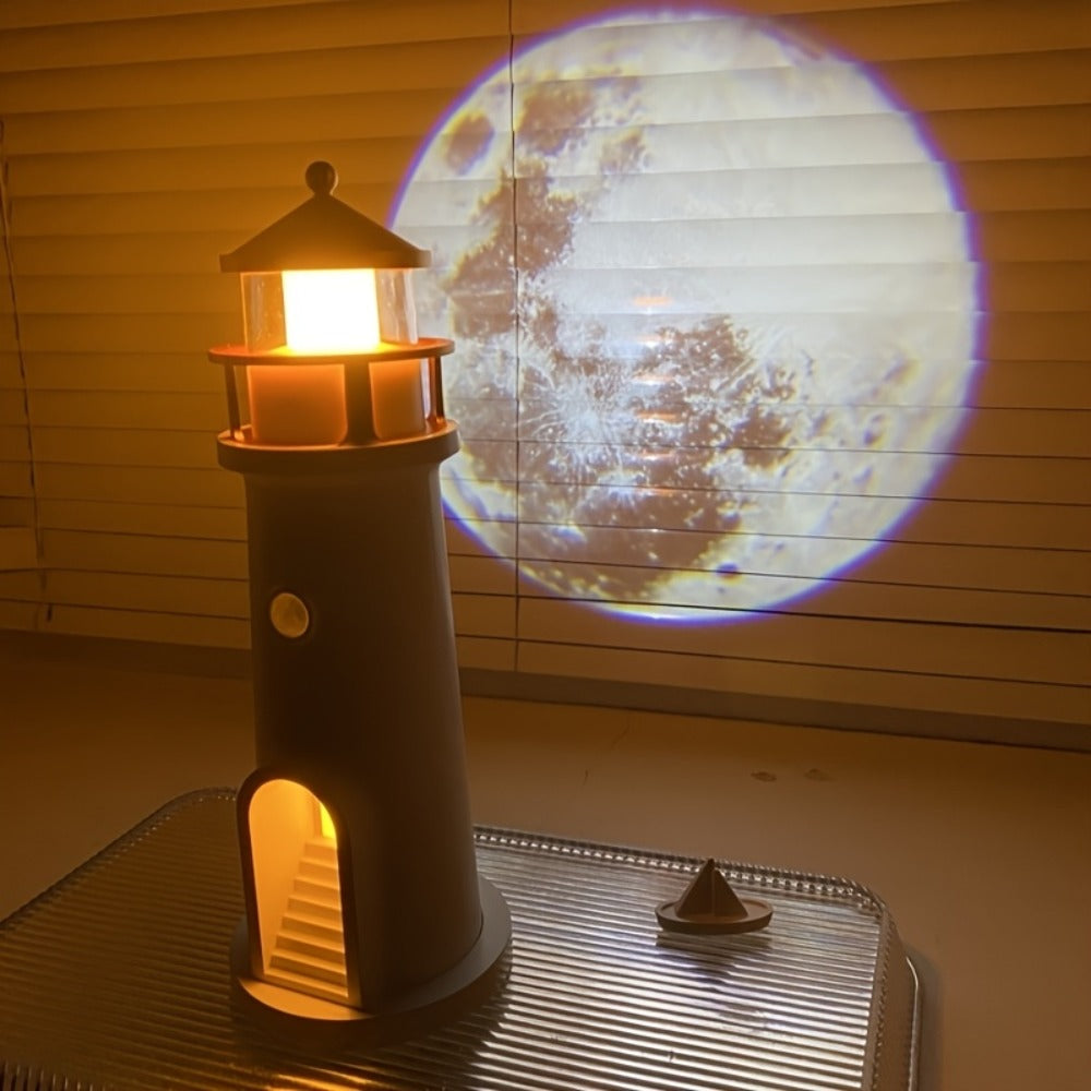 Moon Lighthouse Projector Night Light – Motion Sensor LED Lamp with USB Charging, Always-On Mode, Moonlight Ocean Projection, Decorative Ambient Light & Unique Gift for Home Bedroom Decor