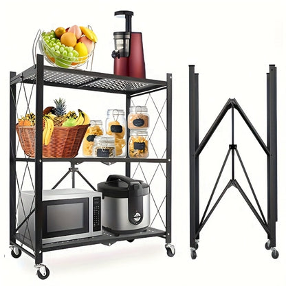 Heavy Duty Storage Rack with Wheels 3-Layer Foldable Metal Shelving Unit 750 LBS Capacity, Rolling Utility Cart for Garage Kitchen Pantry Closet, Movable Black Metal Storage Shelf