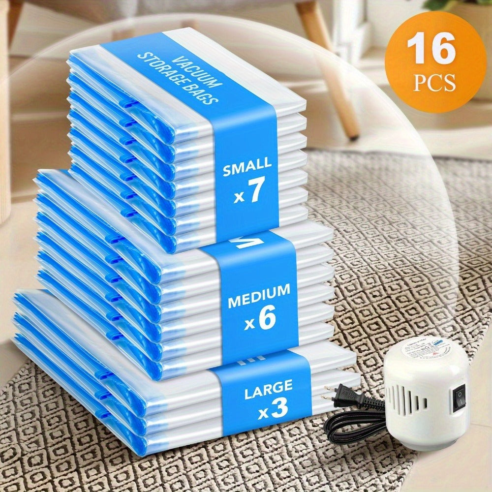 Vacuum Storage Bags 16pcs with Electric Pump – Space Saver Compression Bags for Clothes, Bedding, Pillows, Quilts, Blankets, Travel & Luggage (7 Small, 6 Medium, 3 Large)