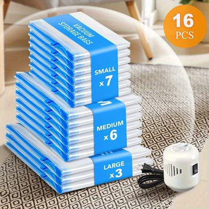 Vacuum Storage Bags 16pcs with Electric Pump – Space Saver Compression Bags for Clothes, Bedding, Pillows, Quilts, Blankets, Travel & Luggage (7 Small, 6 Medium, 3 Large)