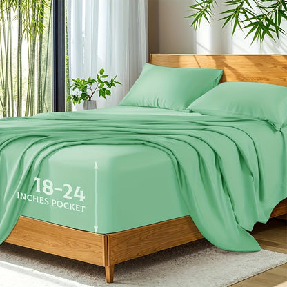 Bamboo Bed Sheet Set 4pcs 2200TC Deep Pocket Cooling Fitted Sheets – Ultra Soft, Breathable, Shrink & Wrinkle Resistant