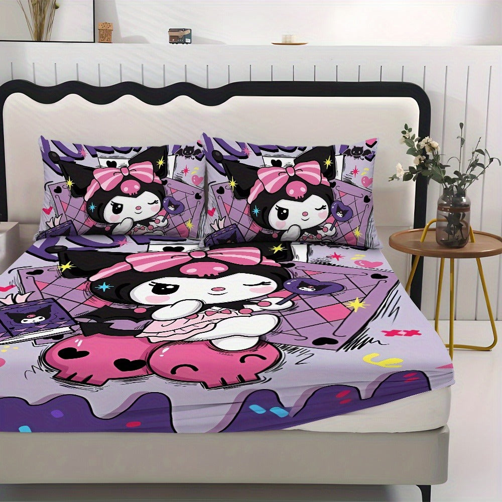Sanrio Hello Kitty & Kuromi Bedding Set 3pcs – Fitted Sheet & Pillowcases, Soft Polyester, Machine Washable, Twin Full Queen King, All-Season Bedroom Decor for Kids Girls Home Guest Room