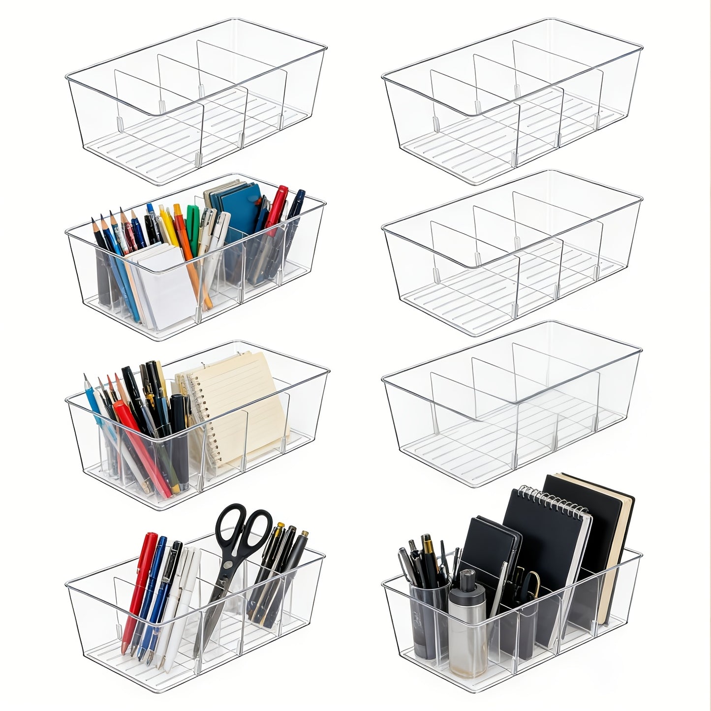 Pantry Organizer Bins 8 Pack Clear Plastic Food Storage Bins with Removable Dividers 4 Compartments for Kitchen Cabinet, Fridge & Countertop – Snack, Spice & Packet Organizer