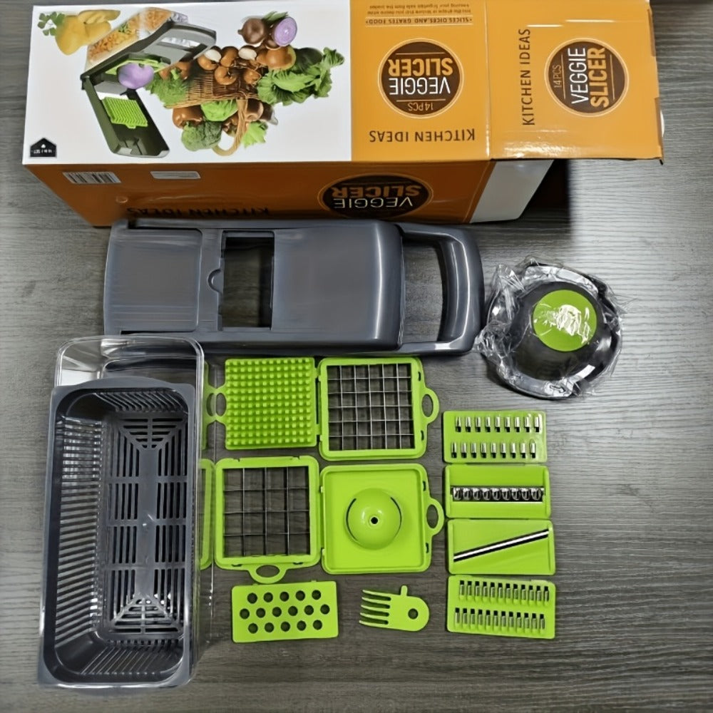 14-in-1 Vegetable Chopper & Food Dicer | Stainless Steel Blades, Large Capacity Collector, Egg Separator, Easy Clean – Manual Kitchen Slicer Grater