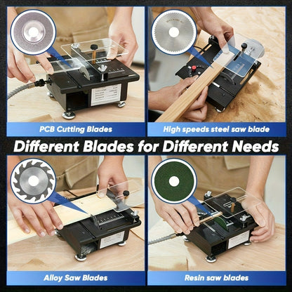 Mini Table Saw Multifunctional Desktop Cutting Machine – 100W Motor, 7-Speed Adjustable, 0–90° Angle Cut, 4 Saw Blades Included, Portable DIY Table Saw for Wood, Metal, Plastic, PCB, Acrylic – with Extra Accessories Option