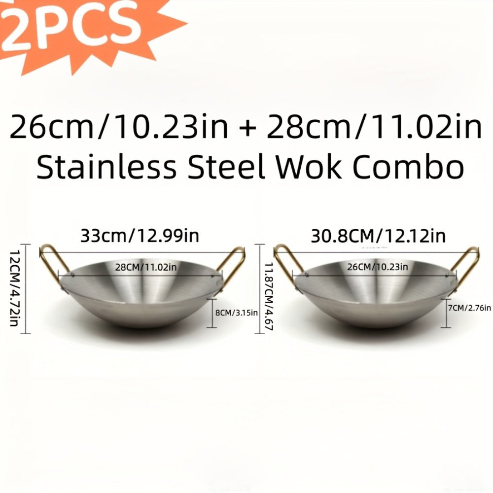 Stainless Steel Wok Set 2pcs 10in + 11in | Heavy Duty Non-Stick Frying Pan with Stainless Steel Handle – Dishwasher Safe Cookware for Home Kitchen & Outdoor Cooking