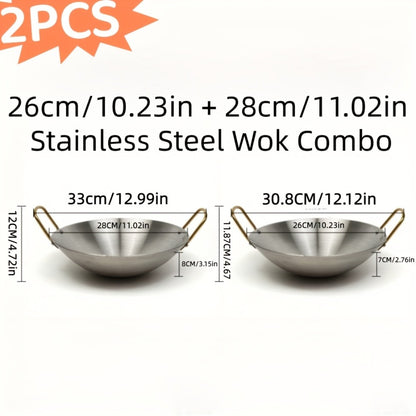 Stainless Steel Wok Set 2pcs 10in + 11in | Heavy Duty Non-Stick Frying Pan with Stainless Steel Handle – Dishwasher Safe Cookware for Home Kitchen & Outdoor Cooking