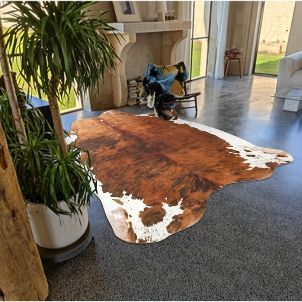 Faux Cowhide Rug Brown Western Style Area Carpet | Non-Slip Suede Backing | 5.2×4.6 & 6.2×5.2 Ft | Living Room Bedroom Office