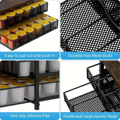 Coffee Pod Holder K-Cup Storage Drawer with Sliding Basket | 48-Capsule Double Layer Coffee Capsule Organizer for Countertop | Compatible with Nespresso Keurig Pods | Brown Coffee Bar Accessory