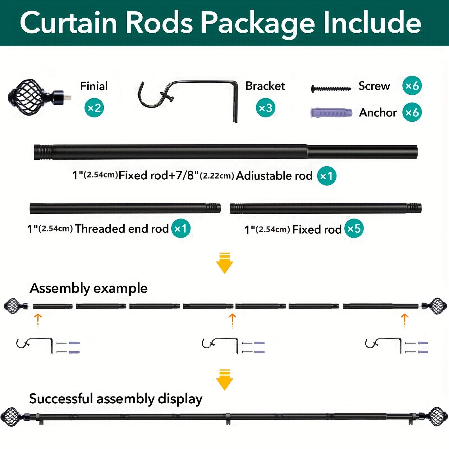 Black Adjustable Curtain Rod Heavy Duty Farmhouse Decorative Drapery Rod for Bedroom Living Room Kitchen Patio 4 Sizes Easy Install