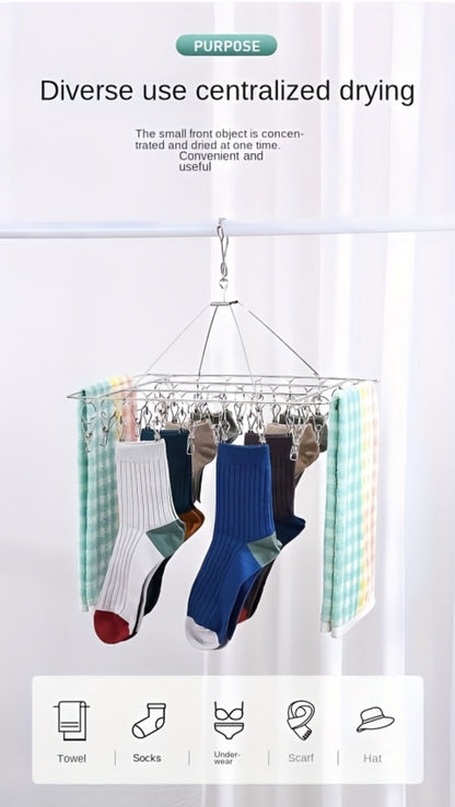 Clothes Drying Rack with Clips Stainless Steel Laundry Hanger Windproof Skidproof Multi-Clip Sock Underwear Dryer for Home Bedroom Balcony – 30/40/50 Clips