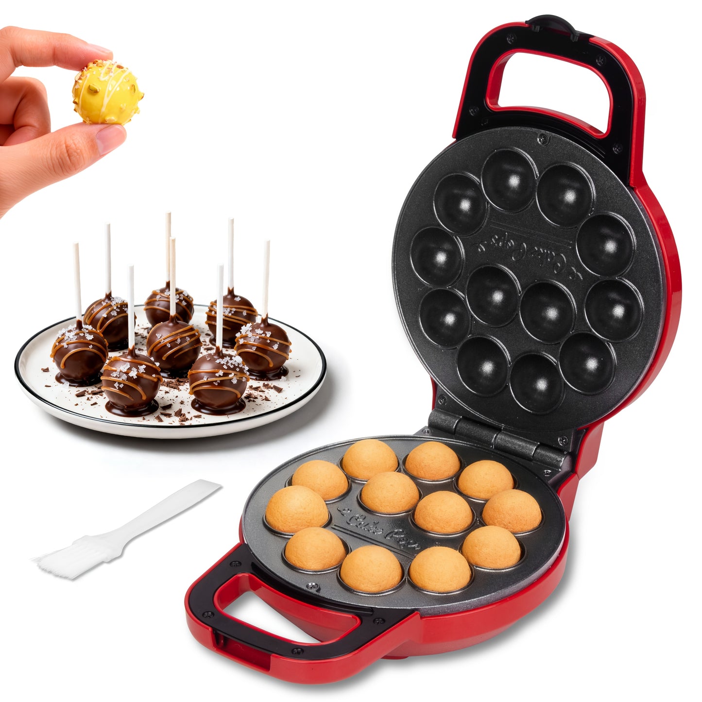 Cake Pop Maker Machine 12-Cavity 1.6 Inch – Electric Cake Pop Set with Flip-Over Even Heating Design, Cake Pop Stand, Sticks & Fork Tool Included, Red & Aqua