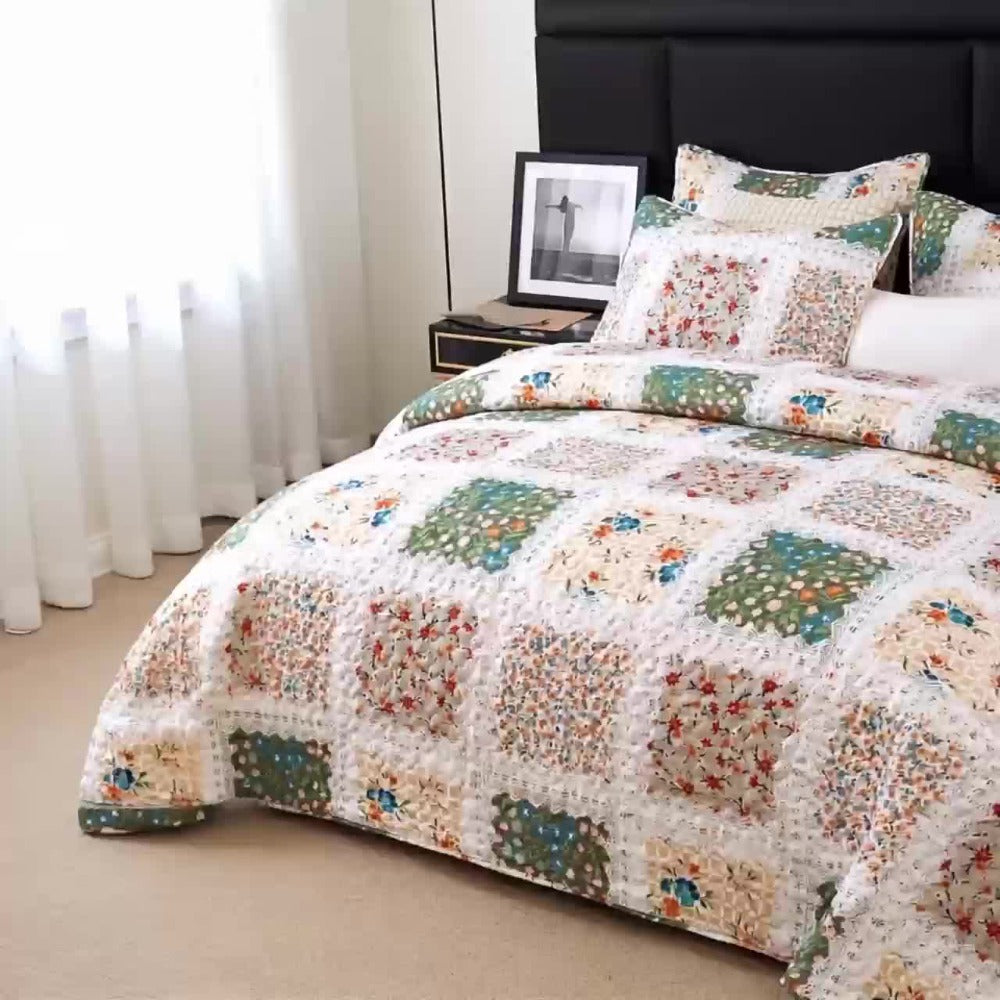 Quilt Set 2 3 Piece Lightweight Floral Patchwork Coverlet Bedding Set with Pillow Shams, Boho Quilted Bedspread for Twin Full Queen King, All Season Soft Cozy Bed Cover Green Blue Pink Grey