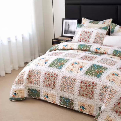 Quilt Set 2 3 Piece Lightweight Floral Patchwork Coverlet Bedding Set with Pillow Shams, Boho Quilted Bedspread for Twin Full Queen King, All Season Soft Cozy Bed Cover Green Blue Pink Grey