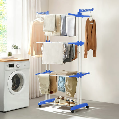Clothes Drying Rack 4-Tier Foldable Metal Laundry Rack with Rolling Casters, Holds 30+ Garments, Adjustable Shelf Heights, Freestanding Collapsible Clothes Dryer Stand for Bedroom Bathroom Nursery Small Spaces