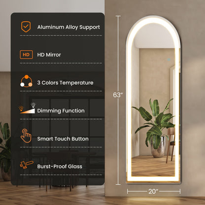 Full Length Mirror with LED Lights & Touch Sensor – 64"x21" Dimmable Smart Floor Mirror, Wall Mount or Freestanding, Slim Modern Frame for Bedroom, Vanity & Dressing Room