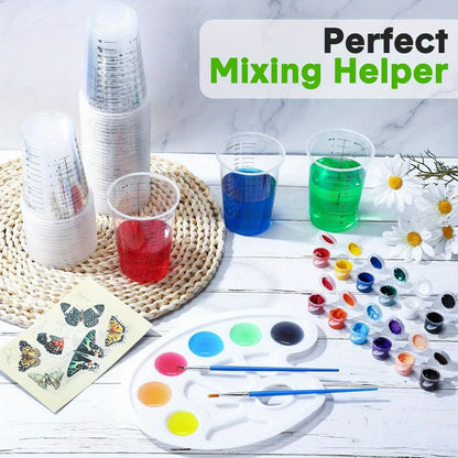 Plastic Measuring Cups with Wooden Sticks 100 Sets Clear Graduated Mixing Cups oz/ml/cc for Resin, Cooking, Baking & Epoxy – Disposable Paint Mixing Cups