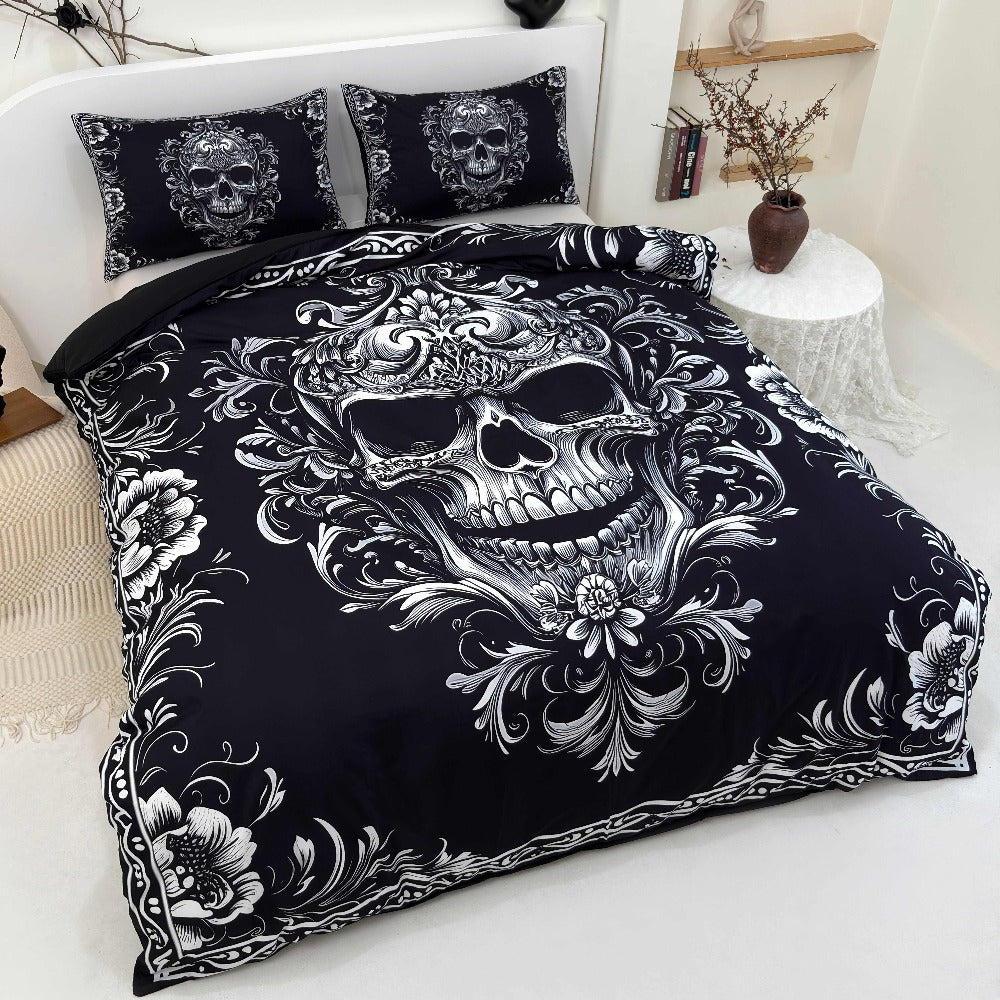 Skull Duvet Cover Set 3pcs – Gothic Victorian Baroque Black & White Skull Bedding with 2 Pillowcases, Digital Print Halloween Bedroom Decor (Twin, Full, Queen, King – No Insert)