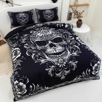 Skull Duvet Cover Set 3pcs – Gothic Victorian Baroque Black & White Skull Bedding with 2 Pillowcases, Digital Print Halloween Bedroom Decor (Twin, Full, Queen, King – No Insert)