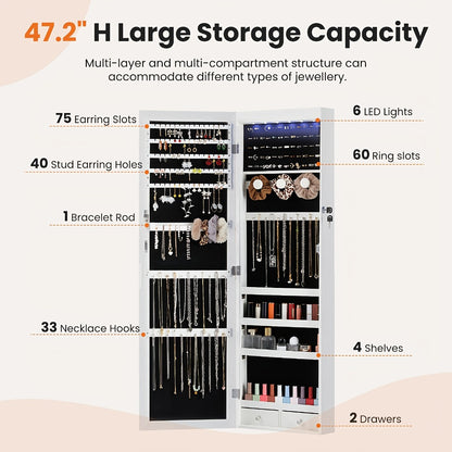 Jewelry Armoire Floor Standing 47.2" Full-Length Mirror Cabinet with 6 LED Lights Dual Lock, Jewelry Organizer for Necklaces Earrings Rings Bracelets, Bedroom Closet Storage 4 Colors