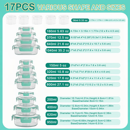Borosilicate Glass Food Storage Containers Set – 10/12/17pcs Airtight Meal Prep Bento Boxes with Locking Lids, BPA Free, Microwave & Dishwasher Safe, Leak Proof, Mixed Colors