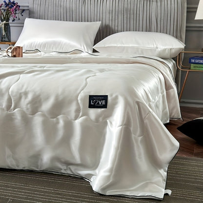 Cooling Satin Quilt Summer Comforter Ultra-Soft Breathable Lightweight Blanket, Machine Washable Satin Weave Bedspread for Home Dorm Hotel, Twin Full Size, White Silvery Grey Pink Lake Blue