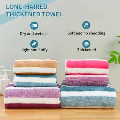 Coral Fleece Towel Set 9 or 15 Piece No Hair Loss 320GSM - Super Soft Absorbent Two-Color Striped | 2 Bath 2 Face 5 Hand Towels | Gray Brown Red Green Blue Mixed | Bathroom Beach Essentials
