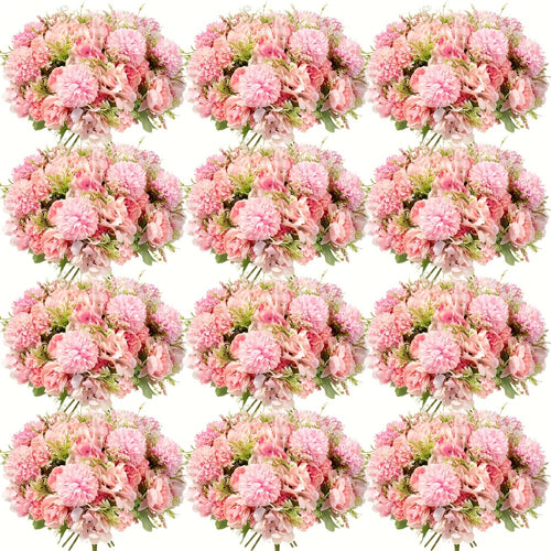 Artificial Peony Flowers 12 Bundles - Faux Peony & Hydrangea Bouquet for Wedding Centerpiece, Table Floral Arrangement, Vase Decor, Home & Holiday Decoration (Blue White, Pink, Purple, White, Green)