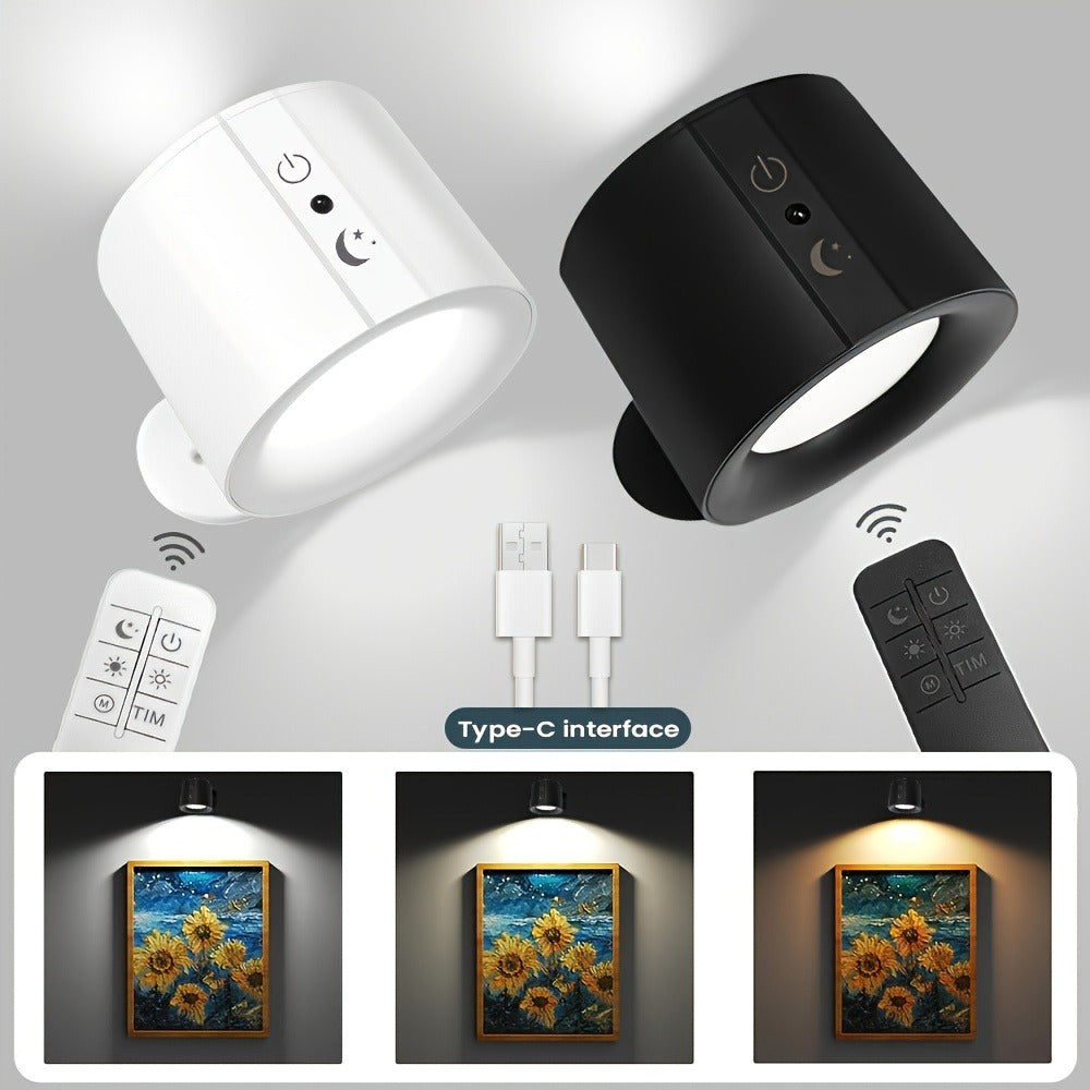 USB Rechargeable LED Wall Light 2 Pack – 360° Rotating Magnetic Ball Touch Control Reading Lamp with 3 Color Temps – Wireless Wall Mounted or Desktop Light for Bedroom Living Room