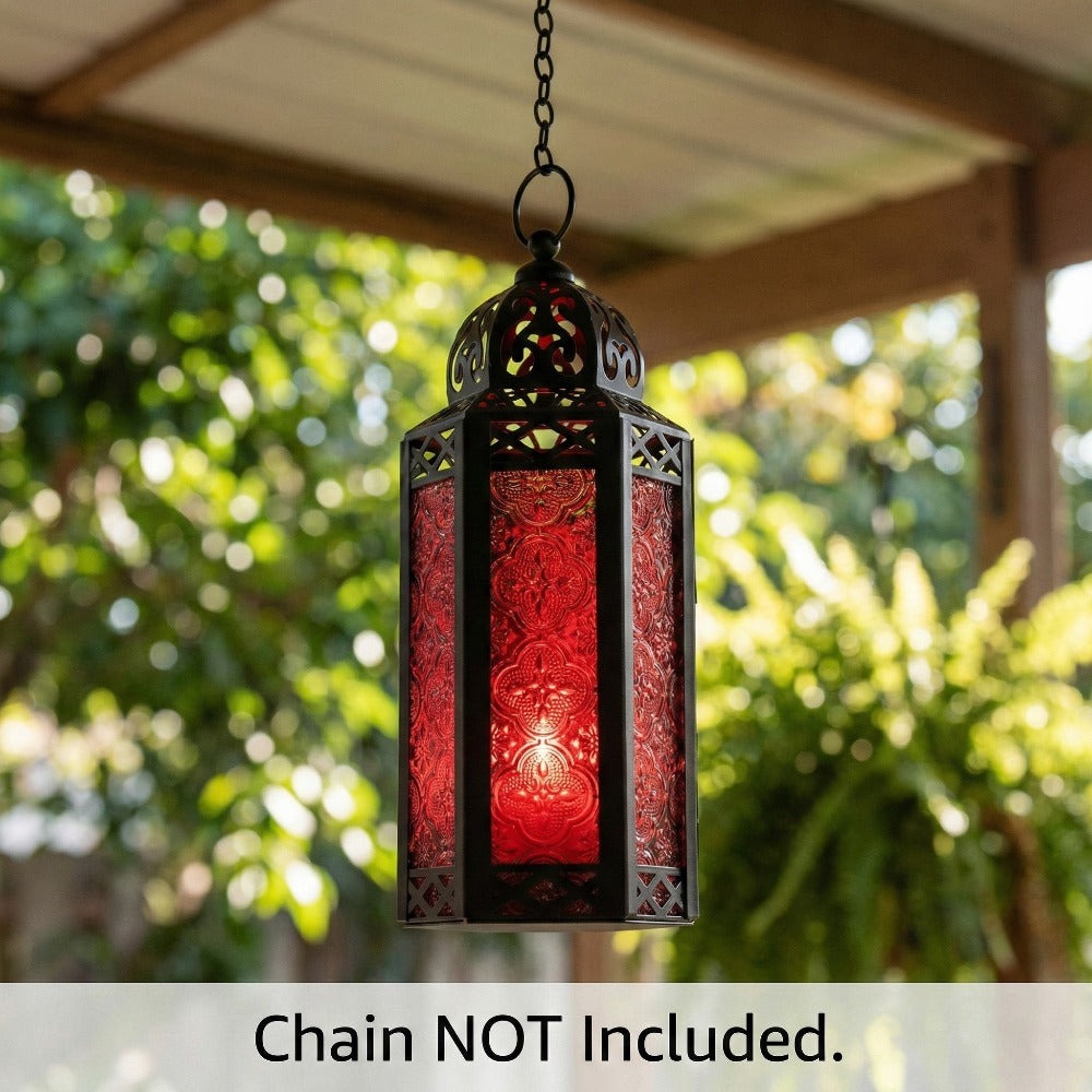 Moroccan Candle Lantern Holder - Decorative Metal & Glass Lantern with Embossed Floral Design for Indoor Home Decor, Garden, Patio, Weddings, Ramadan, Halloween & Holiday Celebrations - 10.5" Tall Medium Size