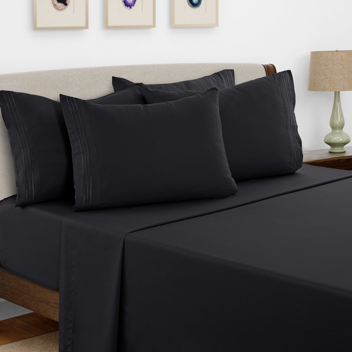 Bed Sheets Set 6 Piece - Soft Brushed Microfiber Fitted Sheet with 16" Deep Pocket, Flat Sheet & Embroidered Pillowcases, Hotel Luxury Cooling Bedding, All Seasons, 20 Colors