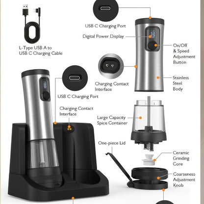 Electric Salt and Pepper Grinder Set Rechargeable USB Large Capacity with Base Automatic Adjustable Coarseness LED Display Kitchen Gift Silver Black