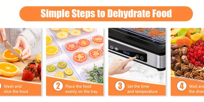 Food Dehydrator Machine 5 Stainless Steel Trays 420W with 48-Hour Timer Temperature Control 95-160°F 360° Airflow BPA-Free Dehydrator for Jerky Herbs Meat Fruit Mushrooms with Recipe Book