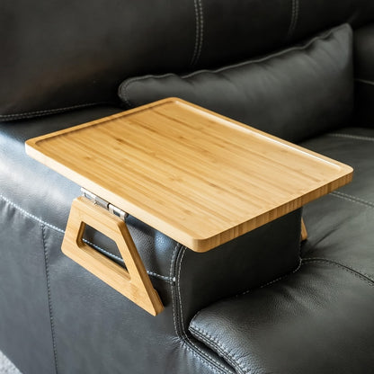 Bamboo Sofa Arm Tray with Folding Legs – Clip-On Couch Armrest Table for Snacks Drinks Remote Control Living Room Bedroom Breakfast Tray Natural Rectangular