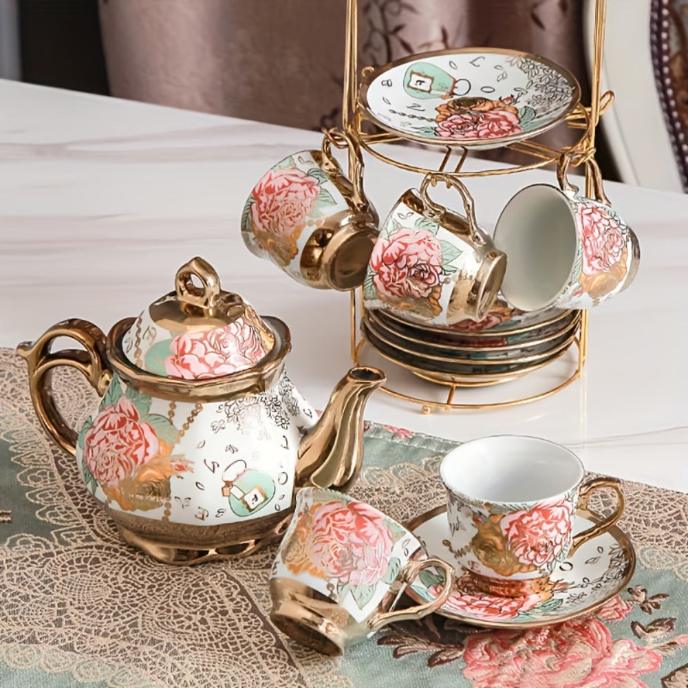 20-Piece Floral Ceramic Tea Set with Saucers & Metal Stand | European Afternoon Tea Service, Blooming Design, Complete Tea Accessories, Gift for Tea Lovers
