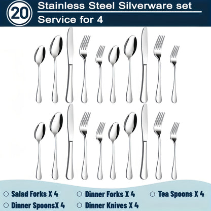 Stainless Steel Silverware Set 20 or 60 Piece – Heavy Duty Commercial Grade, Dishwasher Safe, Rust-Proof & Non-Toxic Bulk Kitchen Tableware with Gift Box for Restaurant, Wedding & Home