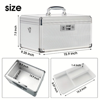 Aluminum Alloy Lockable Medicine Box – Double Layer Large Capacity Storage Box with Key Lock, Handle & Tray for Medicines, Documents & Valuables, 10"/12"/14"/16" Home Security Box