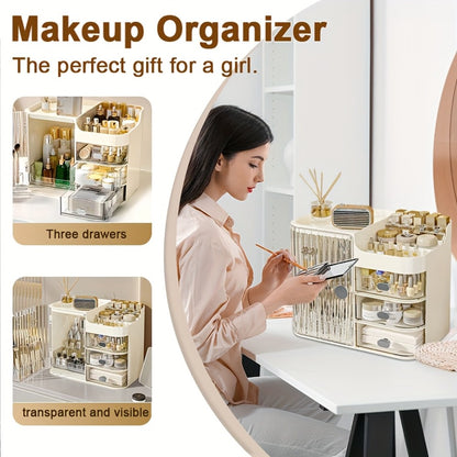 Makeup Organizer with 3 Drawers and Mirror - Large Capacity Cosmetic Storage Box Vanity Organizer for Skincare Contact Lens Display Case Bathroom Counter Organizer | Transparent Black Cream White